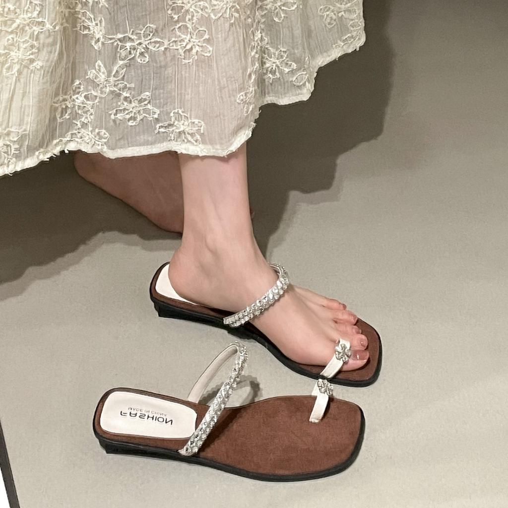 Popular Black Retro One-word Wedge Slippers Summer Wear with Skirt Non-slip French Sandals