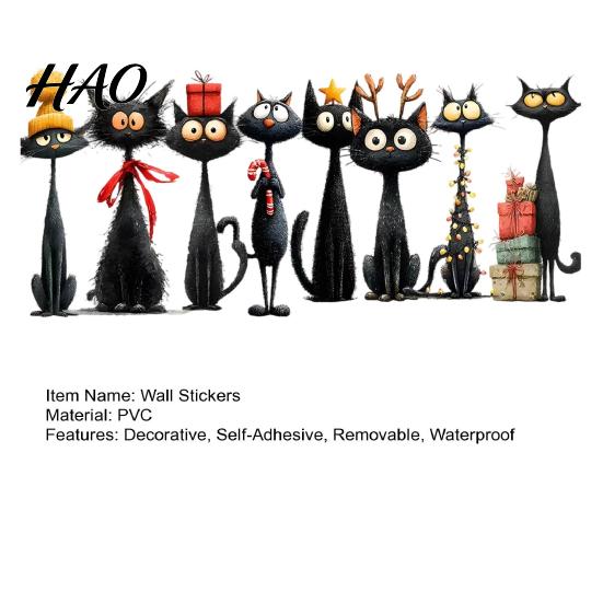 Retro Hand Painted Wall Stickers Christmas Black Cat Stickers, Self Adhesive Decals, Removable PVC Cute Holiday Theme Decals Art Decor for Bedroom