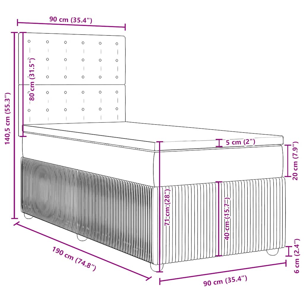 Box Spring Bed with Mattress Dark Grey 90 x 190 cm Velvet
