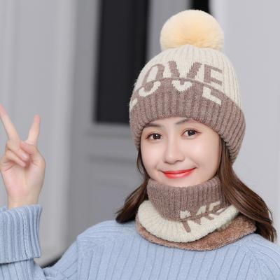 Hat Scarf Set Ladies Winter Fleece Thickened Wool Hat Tide Letter LOVE Knitted Cycling Hat