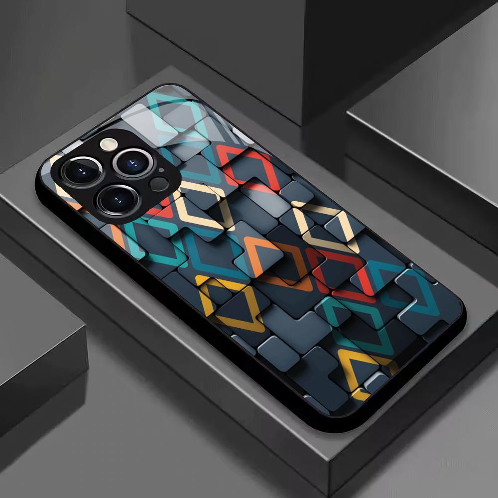 Creative geometric pattern glass mobile phone case suitable for iPhone 17/16/15/14/13/12/11 Pro Max all-inclusive anti-fall