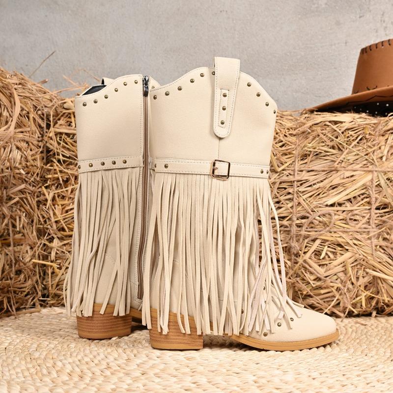 Modne Kozaki na Niskim Obcasie do Połowy Łydki Damskie Kozaki z Frędzlami w Dużych Rozmiarach dla Kobiet