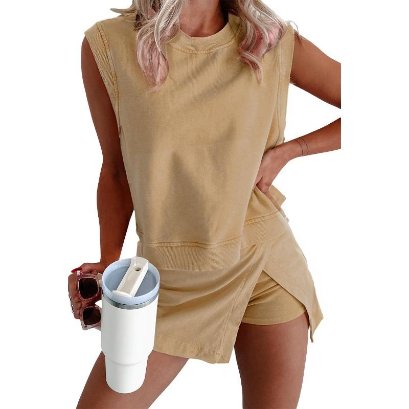 

Fashion Casual Suit Women s Summer New Cotton Short-sleeved T-shirt Three-point Pants XL