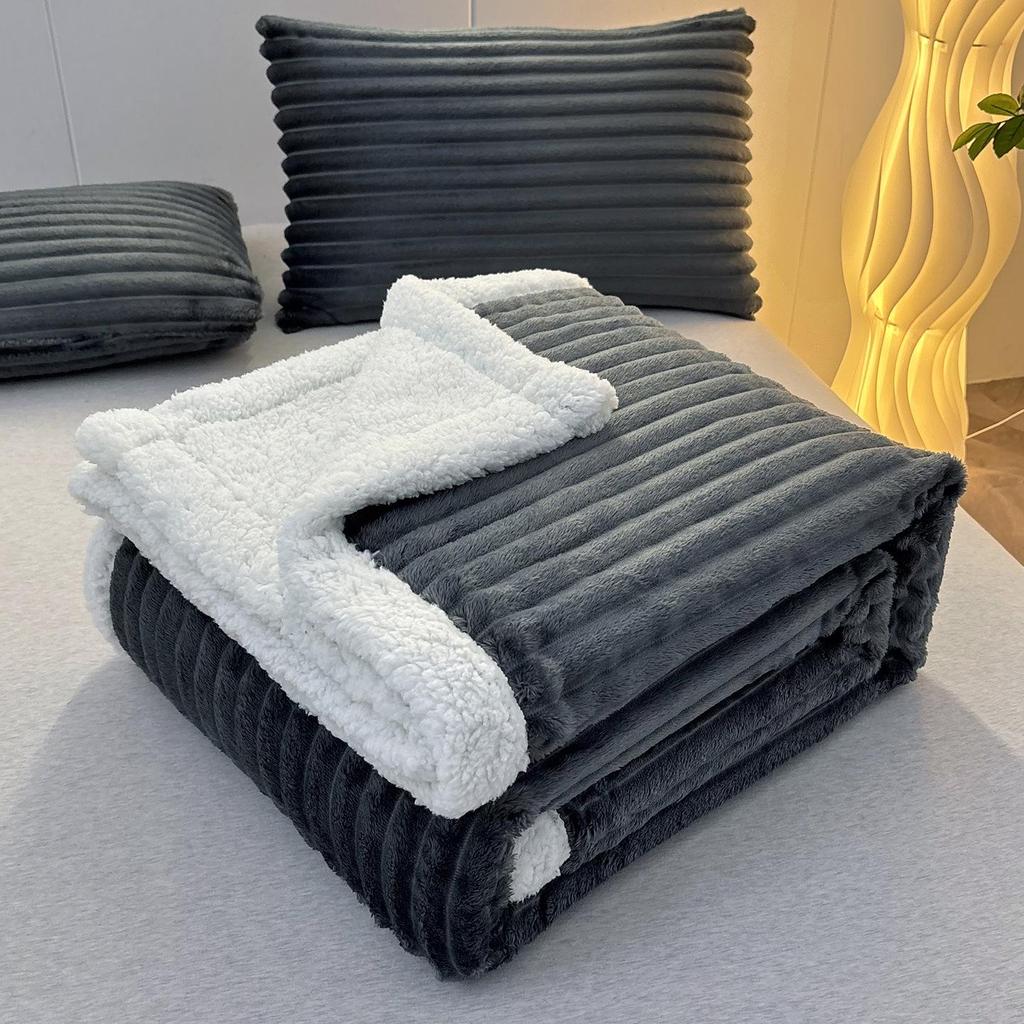 Lambswool & Faux Rabbit Fur Striped Blanket - Sofa Nap & AC Cover