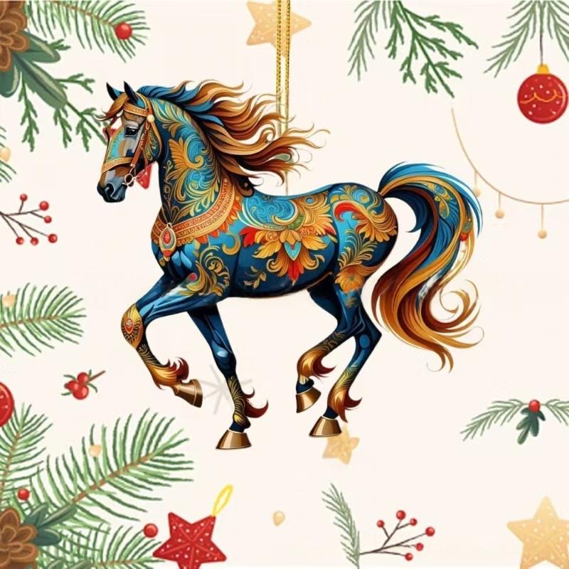 Exquisite 2D Acrylic Horse Car Rearview Mirror Pendant Backpack Charm Christmas Tree Ornament Party New Year Hanging Decoration