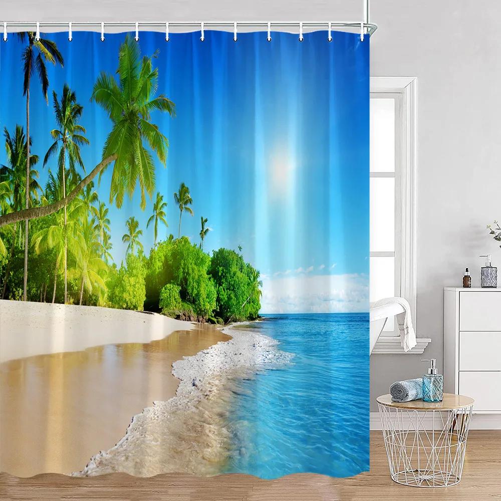 Seaside Beach Shower Curtains Summer Vacation Coconut Trees Seascape Sea Scenery Bathroom Decorations Polyester Bath Curtain