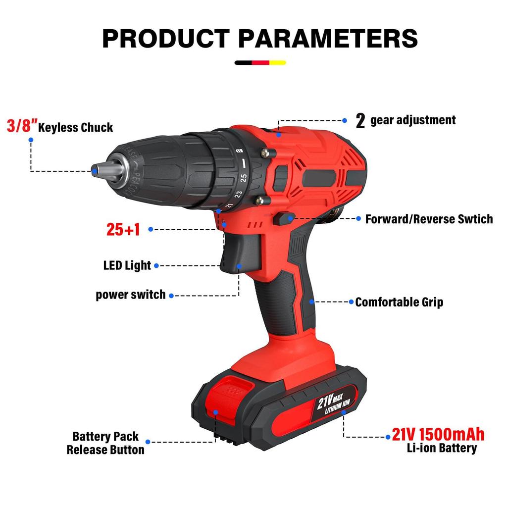 21V Wireless Drill and Screwdriver Set - 2 Speed, 3/8 "Keyless Chuck, 45N.m Torque, Li-Ion Battery, 29 + 1 Drill and Screwdriver Head