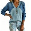 Top Blusa Casual Moda Donna Patchwork Maglia di Jeans Scollo a V Bottoni