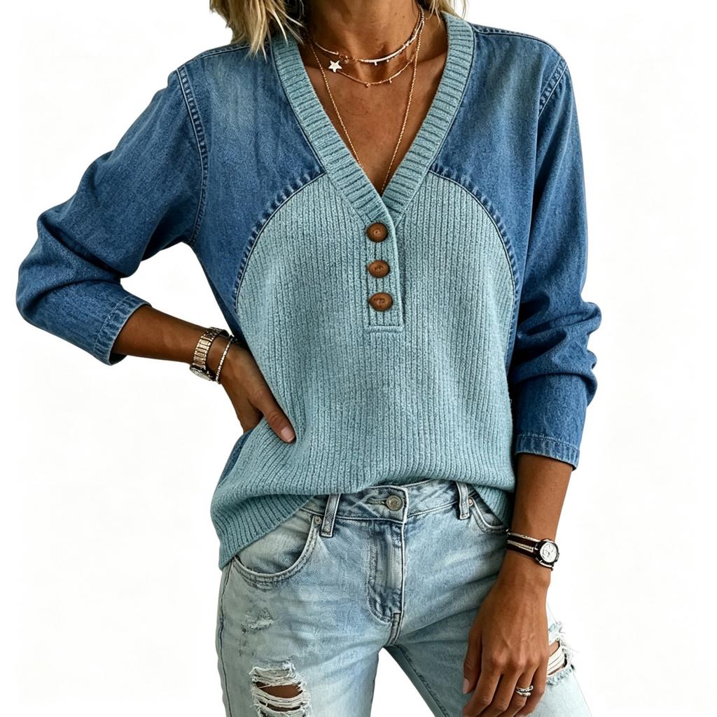 Top Blusa Casual Moda Donna Patchwork Maglia di Jeans Scollo a V Bottoni