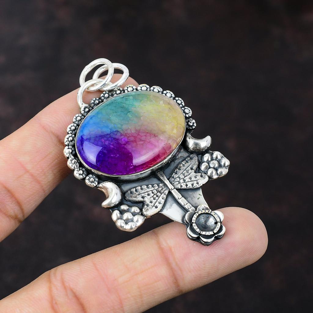 Rainbow Solar Quartz Druzy Pendant 925 Sterling Silver Pendant Handmade Boho Jewelry Dainty Gemstone Pendant Gift For Girl Dragonfly Pendant