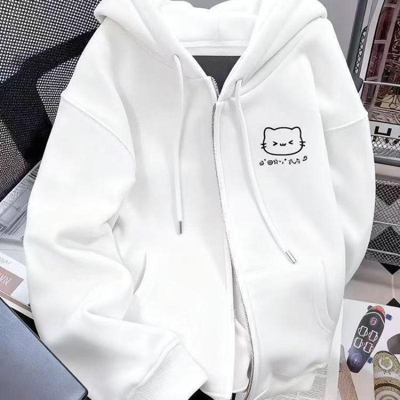 Velvet Cat Print Zipper Hoodie - Unisex Autumn/Winter Design for Middle School Students