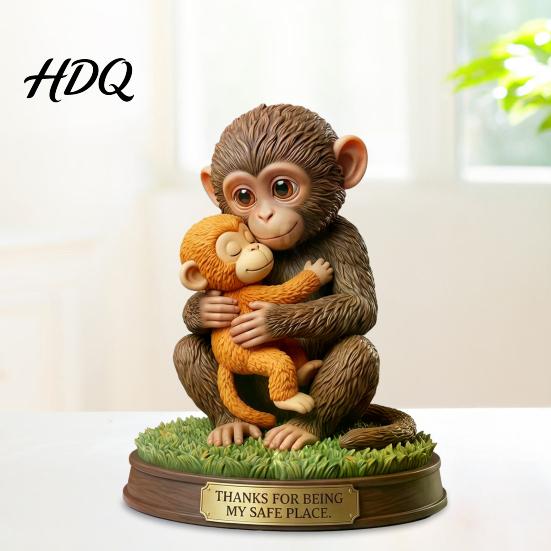 Decorative Monkey Statue Cute Figurine Small Baby Holding Plush Toy Animal Table Centerpiece Desktop Ornament for Living Room Bedroom Office