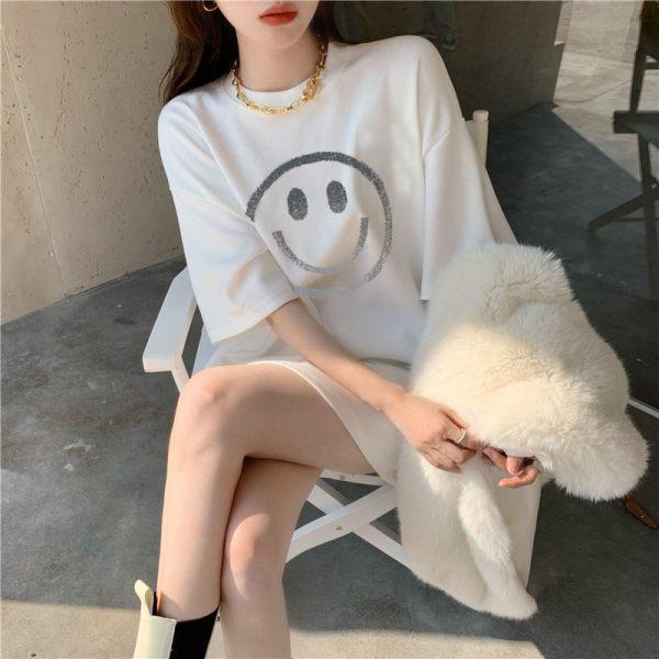 

Женская футболка свободного кроя с бриллиантовым смайликом, с коротким рукавом - Весенне-осенняя, средней длины, с начесом и утолщенным дизайном (2023) XL белый