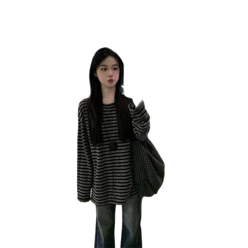 T-shirt a righe da donna di alta qualità con scollo rotondo e maniche lunghe - Vestibilità ampia stile coreano per l'inizio dell'autunno