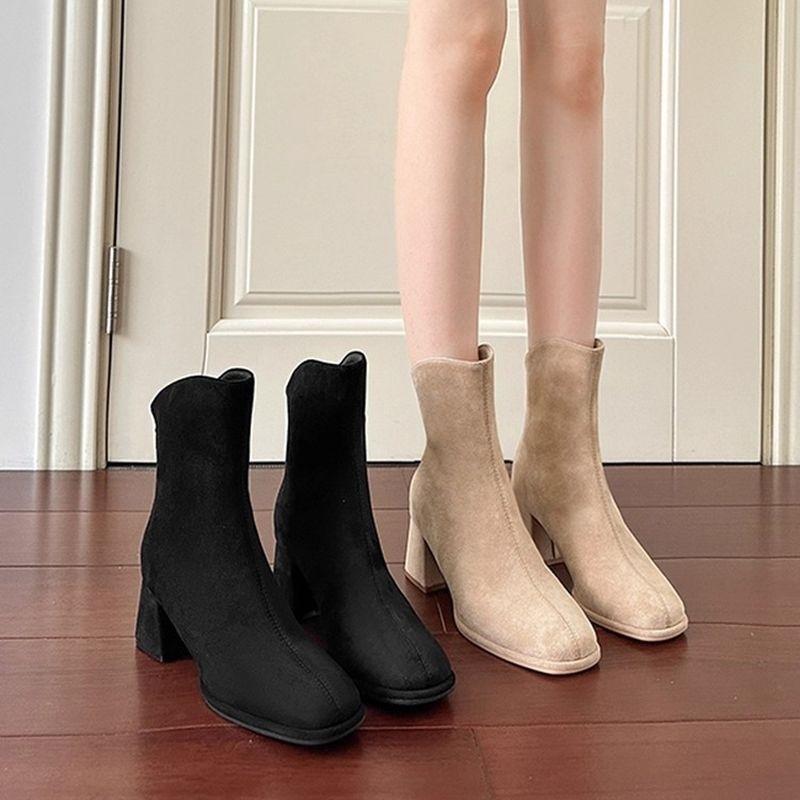 Autumn and winter short boots new French square head suede elastic thin boots fashion thick heel small temperament versatile
