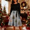 Women's Fashion Round Casual Slim Fit Christmas Print Large Swing Long Sleeve Dress