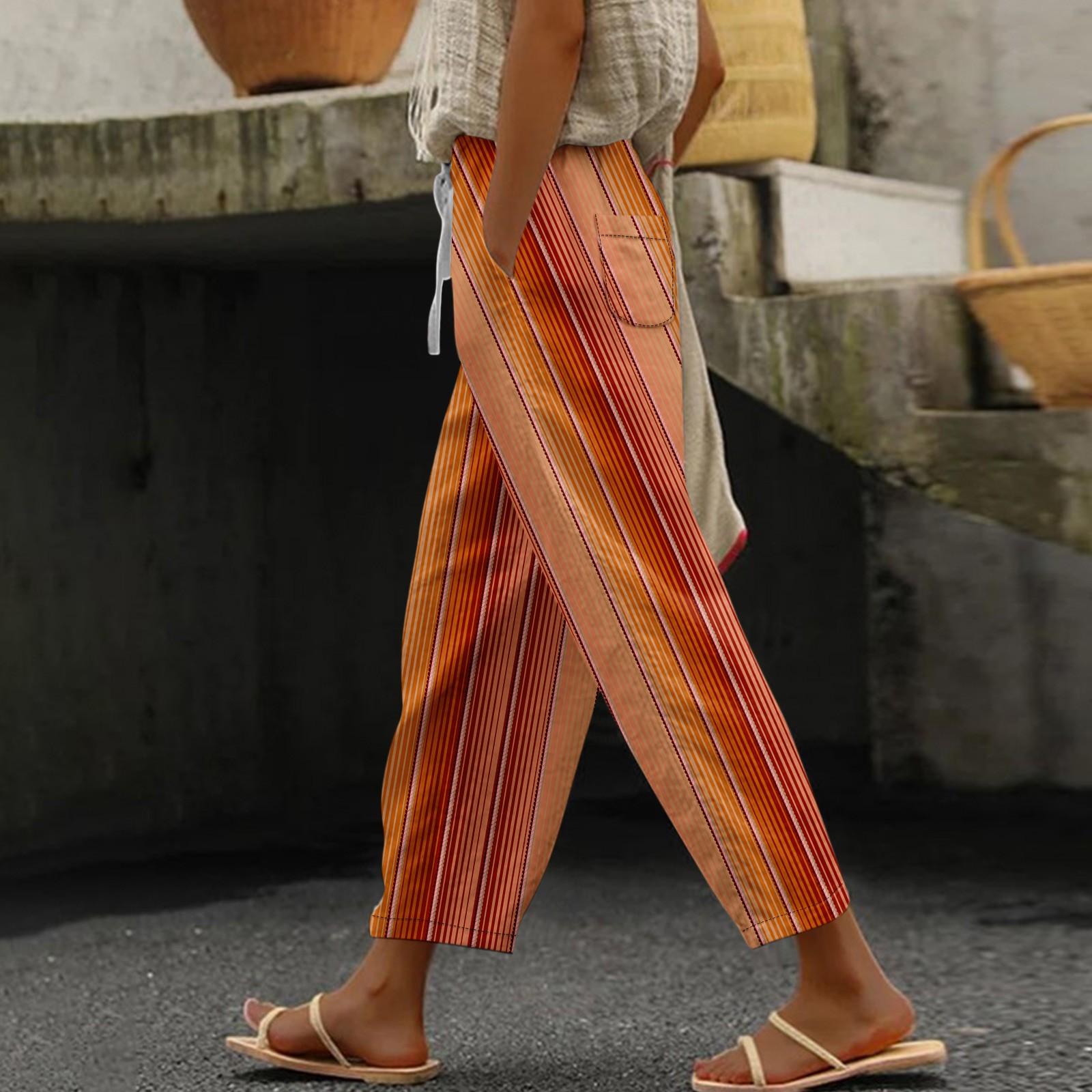 

Женские повседневные модные эластичные повседневные брюки с полосатым принтом XXL шафрановый