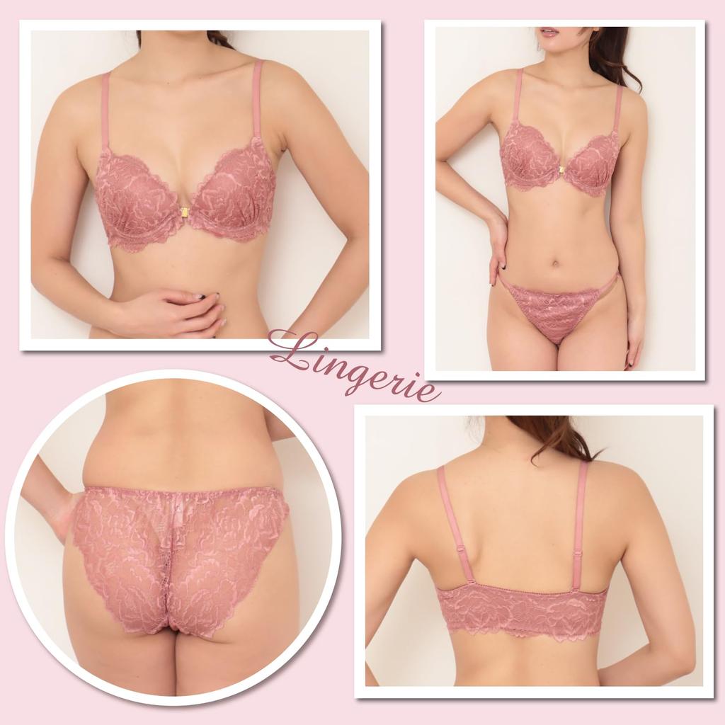 RAVIR Bra and Panty Front Rose Pale C75 Women's Set, Hook, Lace, Lilac, (Panties L)