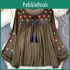 Embroidery Flower Spring Women Blouse Vintage Ethnic Lantern Long Sleeved Oneck Loose Cotton Linen Shirt Casual Top D5082