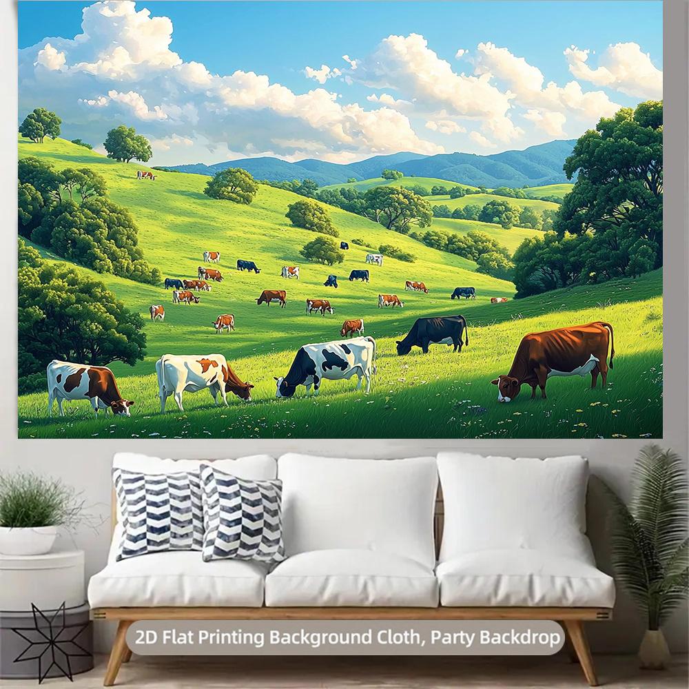 2D plane, 1 picture of a herd of cows leisurely walking in a green field,suitable for photography decoration and festive parties