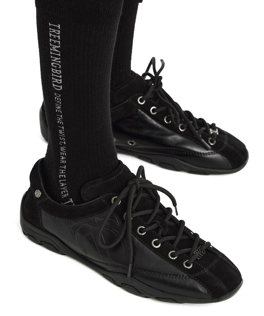 Treemingbird Flat Cowhide Leather Sneakers [ Black ]