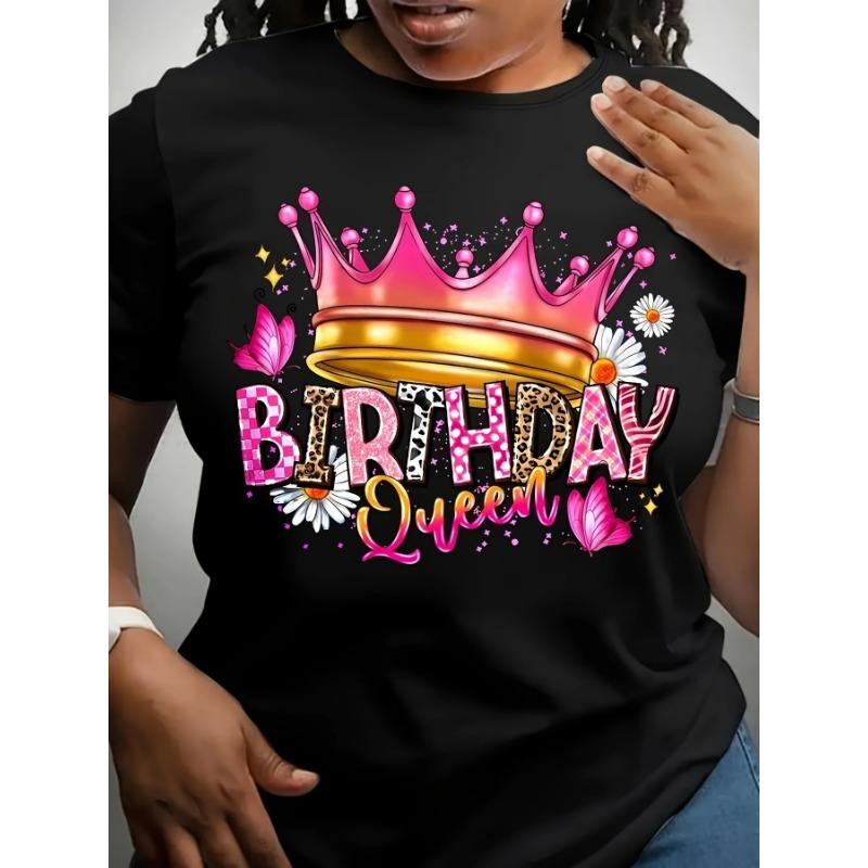 Birthday Print Crew Neck T-Shirt Casual Short Sleeve Top for Spring & Summer Womens Clothing