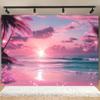 Une photo vibrante d'un coucher de soleil rose sur la plage avec un arrière-plan de palmiers tropicaux et la vue sur la mer.