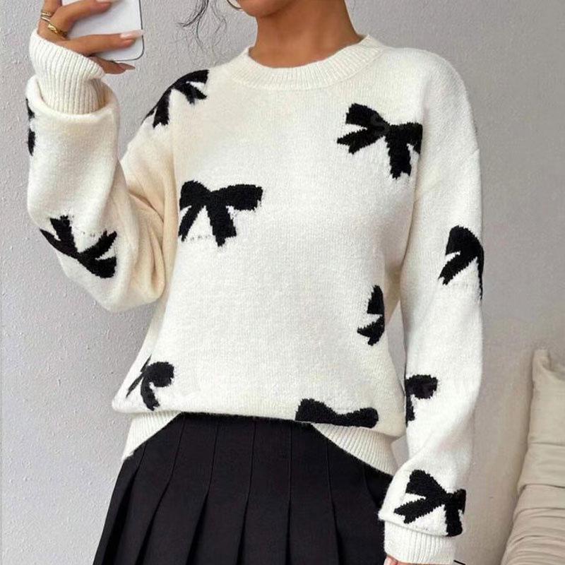 European and American autumn and winter sweaters women's clothing crew neck bow jacquard pullover knitted sweater factory