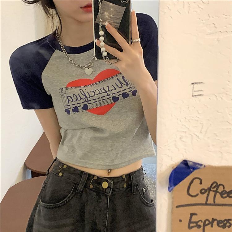 Women's Crew Neck Raglan Short Sleeve Crop Top Slim Fit Color Block Heart Letter Print T Shirt Summer Y2K Fresh Daily Blouse