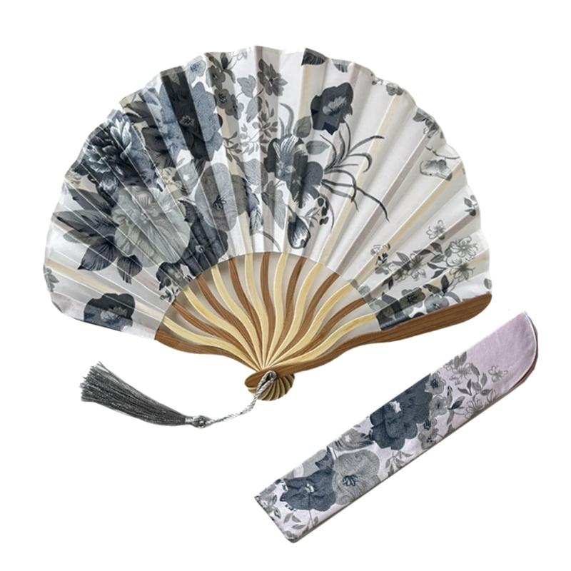 

Portable Chinese Silk Fabric Floral Handheld Fan with Tassels and Sleeve for Dance Performances and Summer Cooling