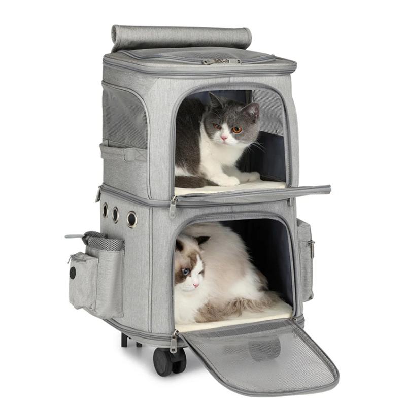 Large Cats Suitcase Double-layer Transparent Backpack Portable Outdoor Travel Silent Breathable Cat Bag Puppy Stroller for Pets
