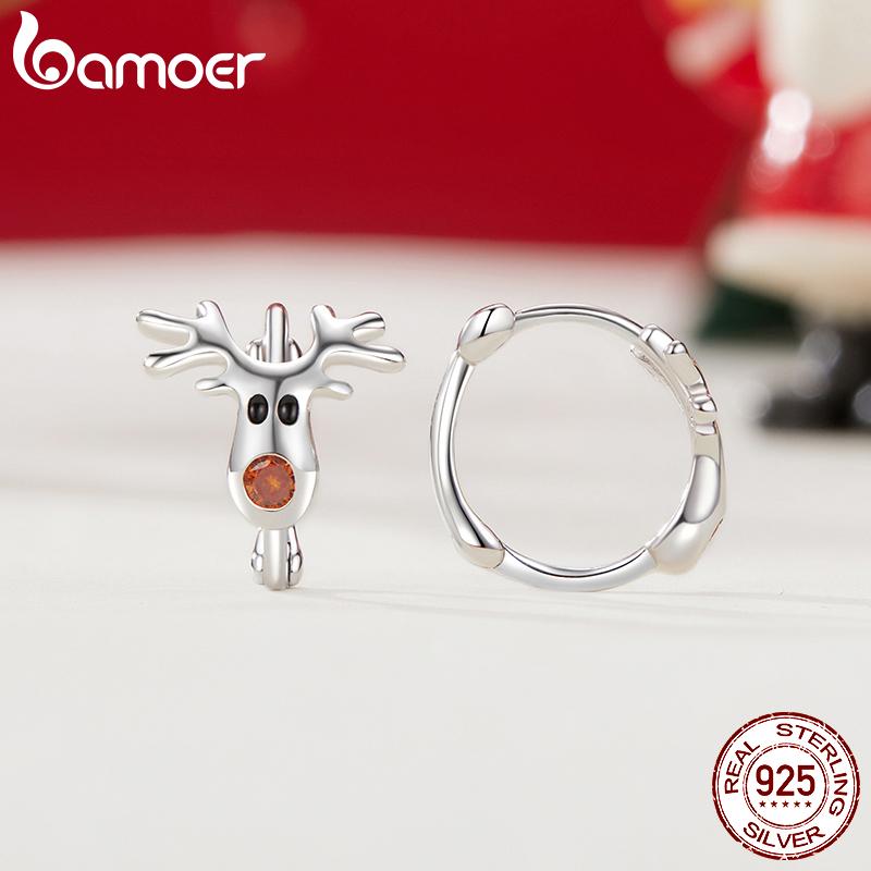 BAMOER 925 Sterling Silver Reindeer Hoop Earrings Lightweight White Gold Plated Christmas Hoop Earrings for Women SCE1812