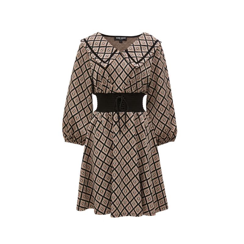 VEROMODA Elegant Lapel Puff Sleeve Tie-Waist A-Line Dress