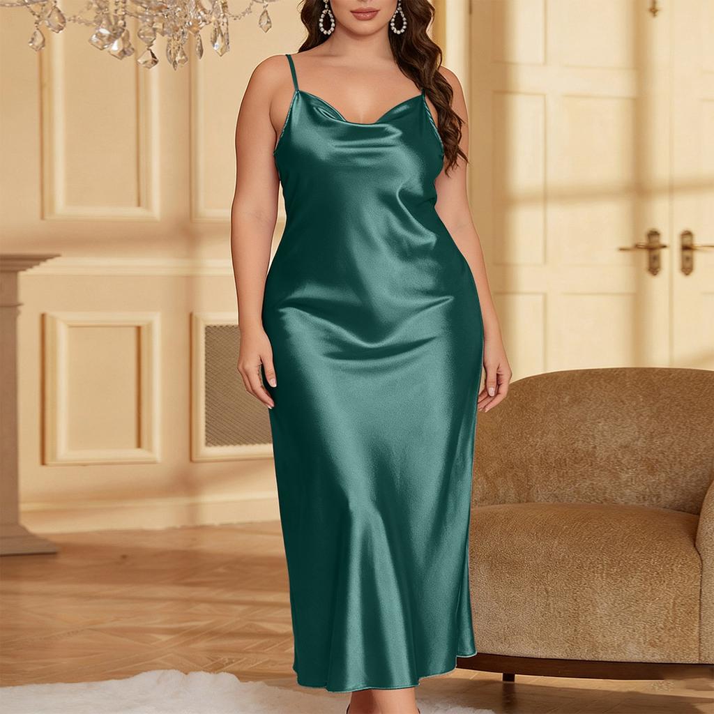 Women Plus Size Satin Slip Dress Adjustable Spaghetti Strap V Neck Midi Length Nightgown Lingerie Sleepwear Chemise