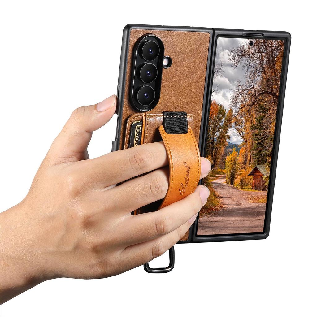 SUTENI Oil Wax Texture Leather Case for Samsung Z Fold 7/6/5 with Wrist Strap, Card Slot, and Stand