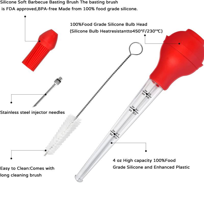 Turkey Baster Set of 4, Quality Silicone Bulb Including Meat Arinade Injector Needle with Barbecue Basting Brush