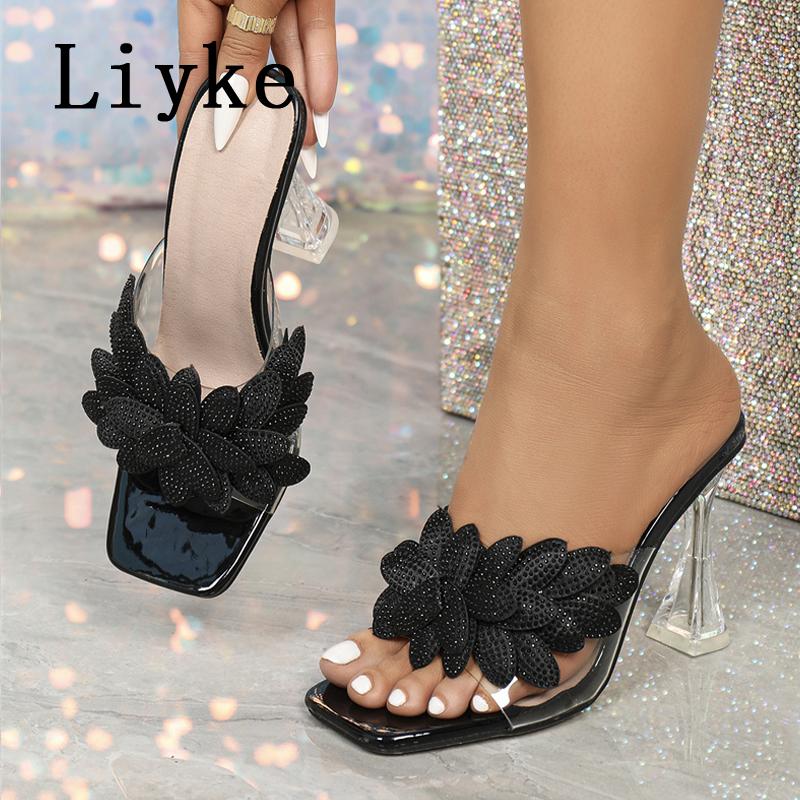 Fashion Liyke Strange Style Clear High Heels Transparent Slippers For Women Street Sexy Rhinestone Square Toe Party Dress Shoes Sandals