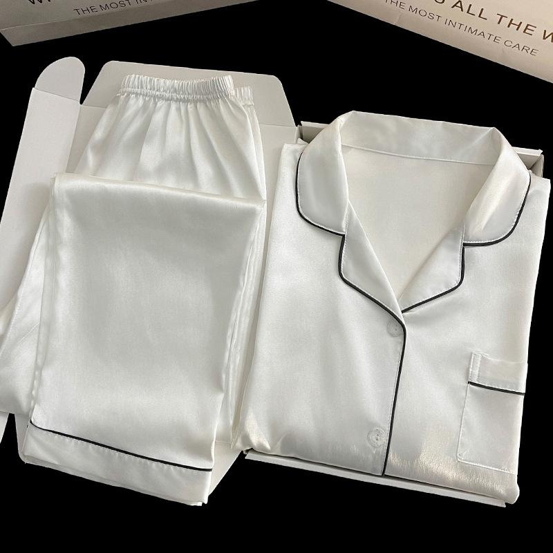 

Пижама из высококачественного однотонного ледяного шелка, женская, весенняя новинка, брюки с длинным рукавом, простой комплект для дома, реальное фото 2XL