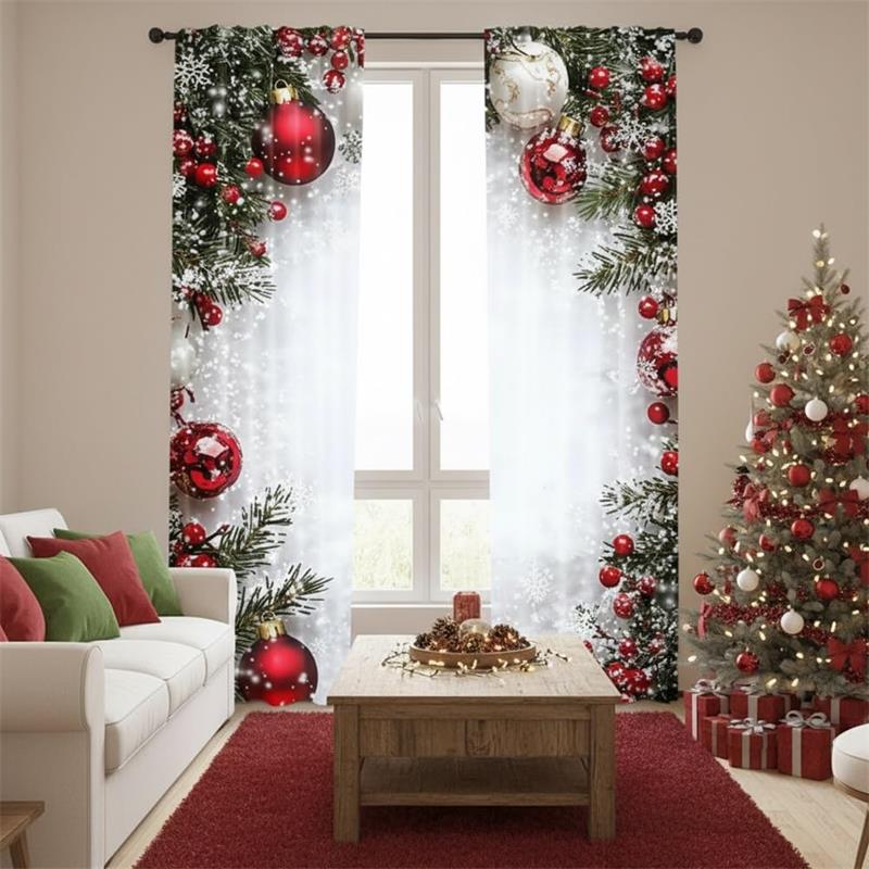Christmas Ball Holiday Printed Curtains, 2 Pieces 2D Flat Printed Red Luxury Xmas Print Curtains with Snowflakes for Holiday Party Decor