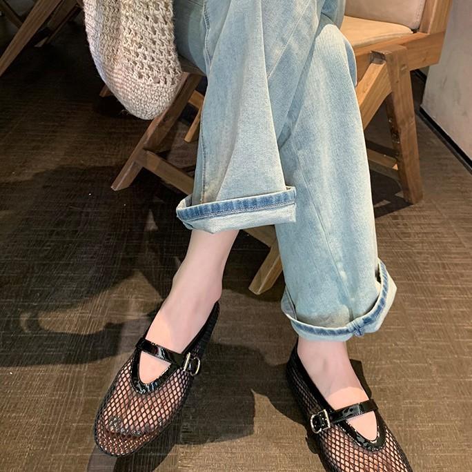 Cowhide Version~ Beautiful Mesh Leather Hollowed-out Mary Jane Single Shoes Women's Soft-soled Flats Sandals Fishing Net Shoes Ladyshoes