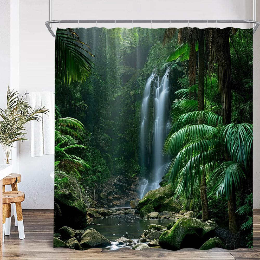 Natürliche Landschaft Wasserfall Wald Duschvorhang Landschaft Grüne Blätter Pflanzen Badezimmer Dekor Polyester Duschvorhang für Zuhause