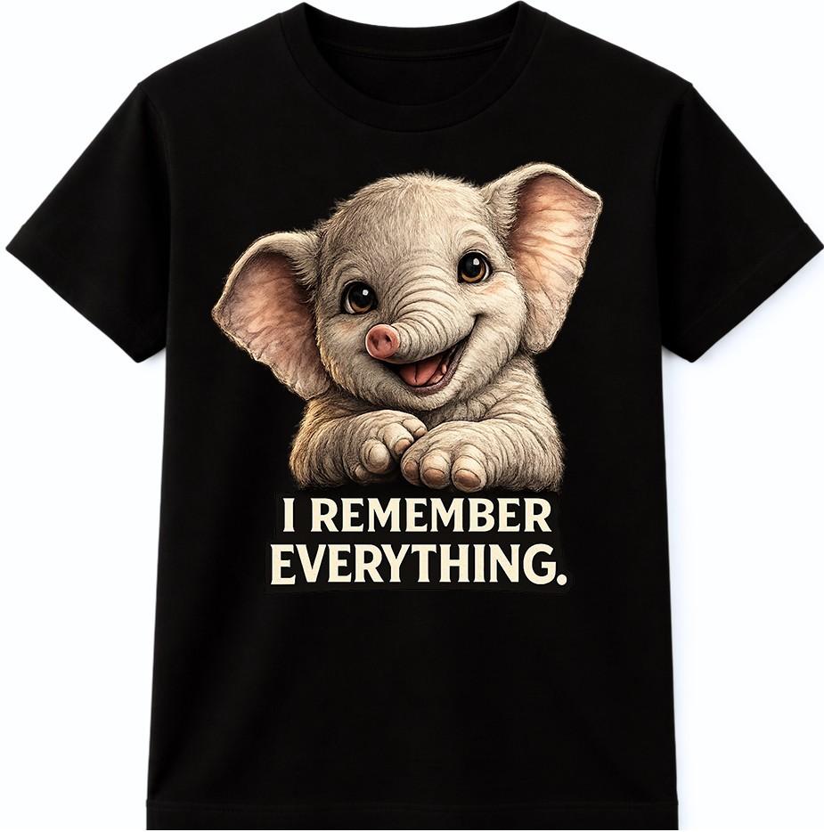 Elephant T Shirt I Remember Everything Cute Funny Baby Animal Graphic Tee