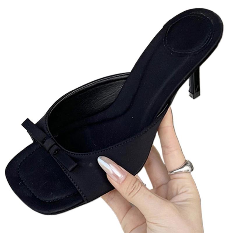 

Aneikeh Slipper Mules Low High Heels Shoes 2025 Summer Best Street Look Females Square Head Open Toe Bow Strappy Sandals Women 40 чёрный