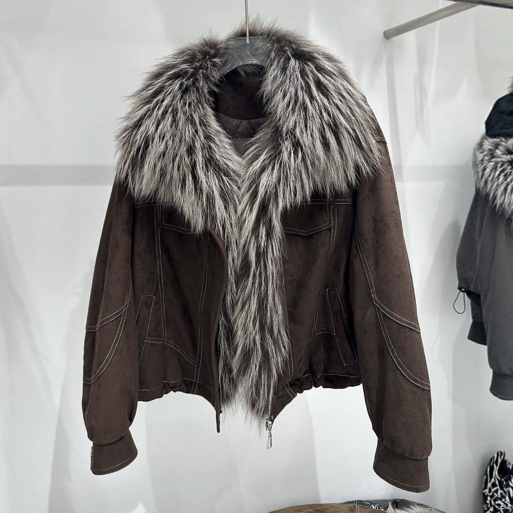 Giacca top con colletto alla coreana design retrò americano da donna autunno e inverno nuova piumino staccabile con pelliccia di procione naturale vera