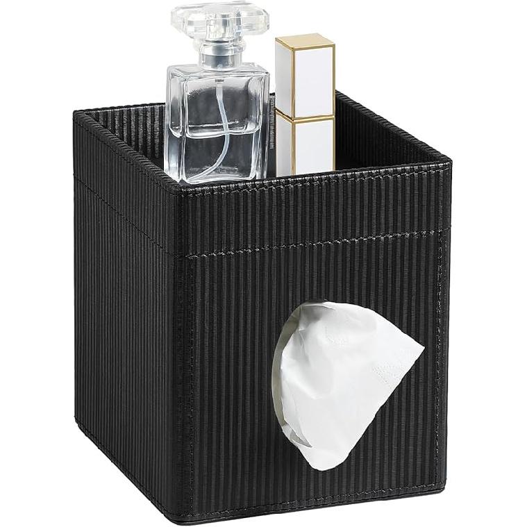 PU Leather Tissue Box Cover with Storage Tray, Square Tissue Box Holder Decorative Cube Tissue Holder for Bathroom Bedroom Vanity (Black)
