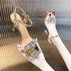 Gold Thin Heel with Rhinestone Square Head Sandals Women's Summer New Open-toed Sexy High Heels