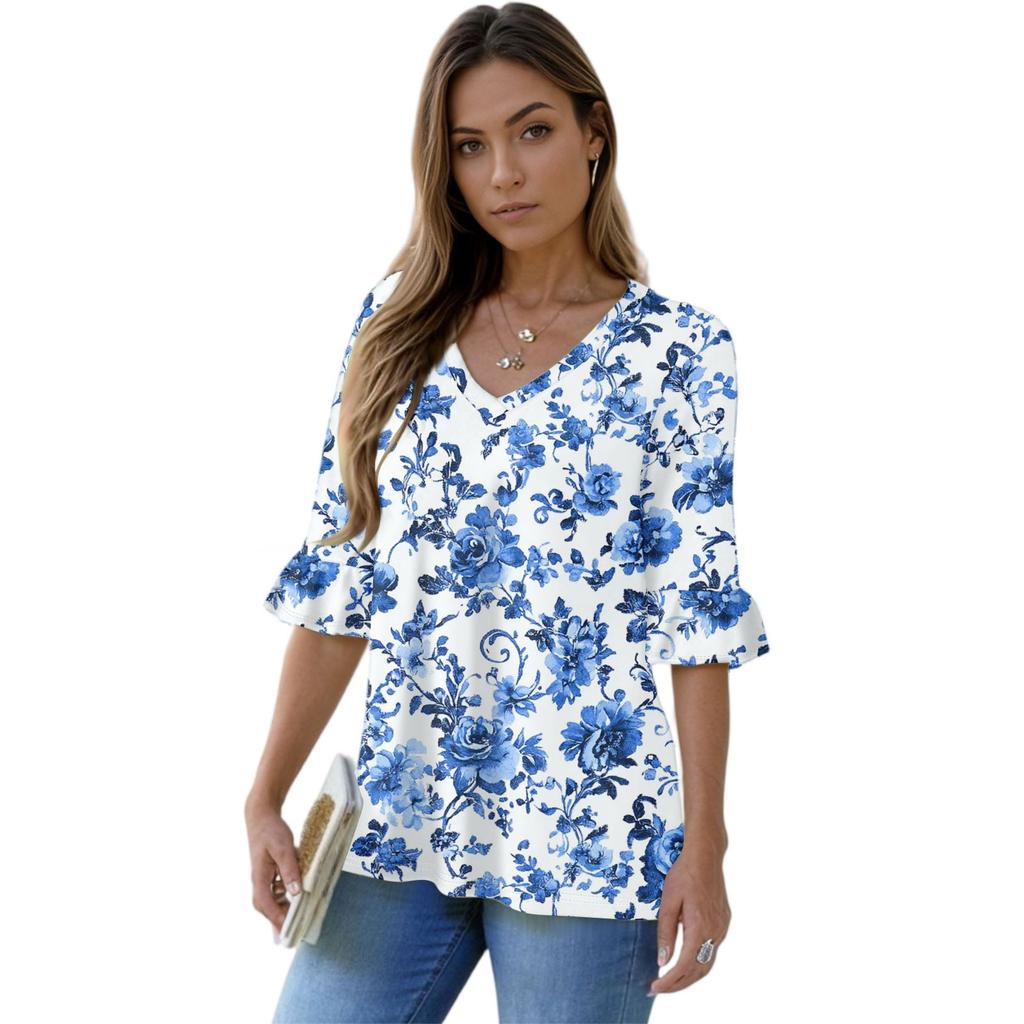 Women's Casual 3/4 Sleeve Tops V-Neck Sleeve T-Shirt Floral Print Tops