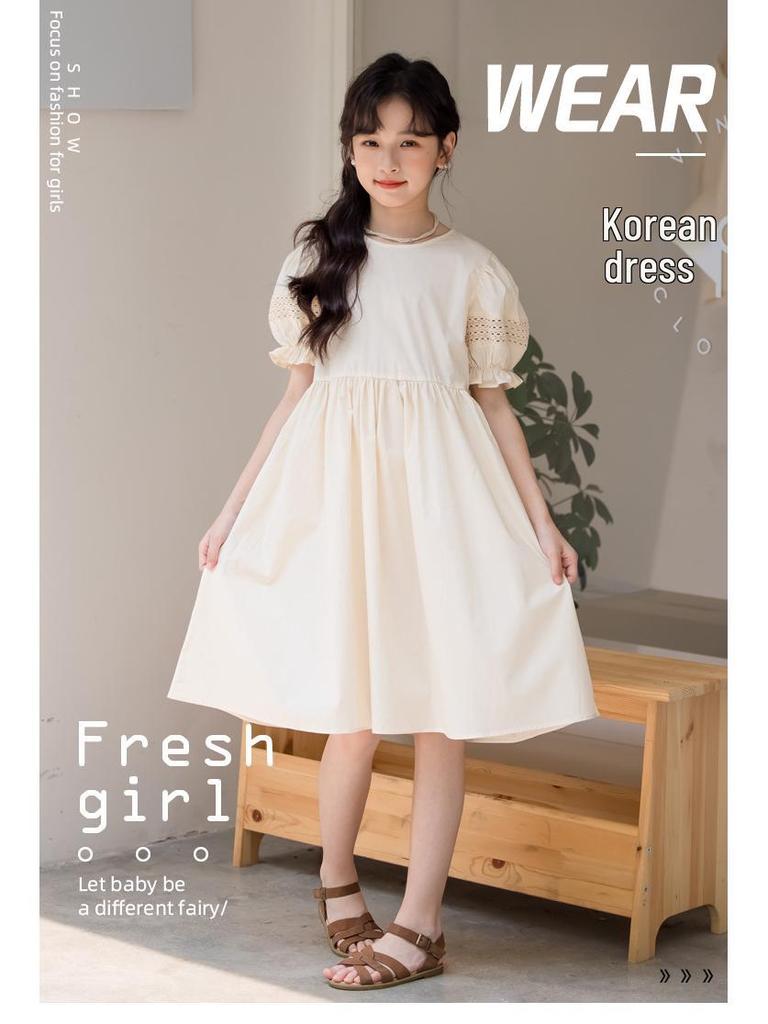 Mädchen Jumpsuit Kleid im koreanischen Stil mit Puffärmeln - Kurzarm einfarbig Kinderbekleidung 2025