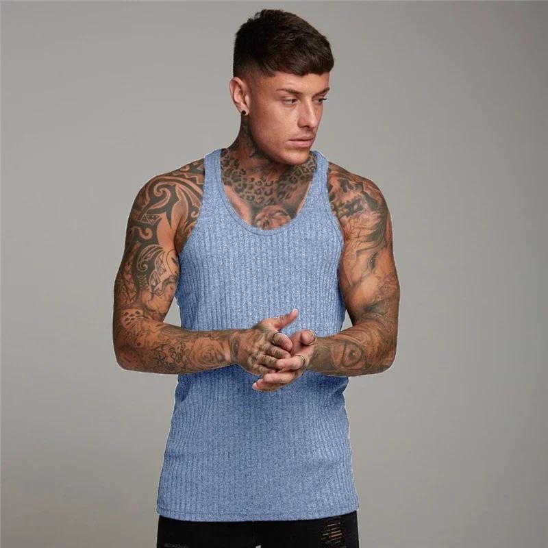 Muscleguys Einfache Laufwesten Sommer Schnelltrocknend Gestrickte Tanktops Fitnessstudio Fitness Ärmellos Streifen Enganliegende Hemden Herren Bodybuilding Kleidung