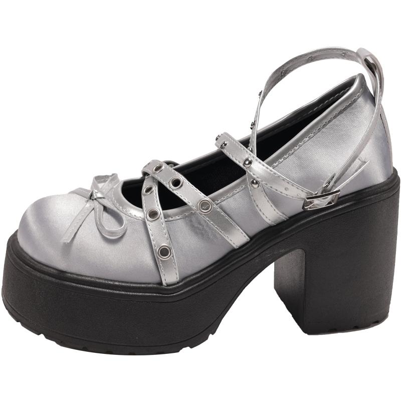 

Fashion Spring Mary Jane Single Shoes Round Head Shallow Bow Rivets A Line with Waterproof Platform Anti-slip Wear-resistant High Heels 39 серебряный